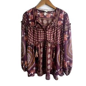 Knox‎ Rose Long Sleeve Vneck Peasant Blouse Size XS